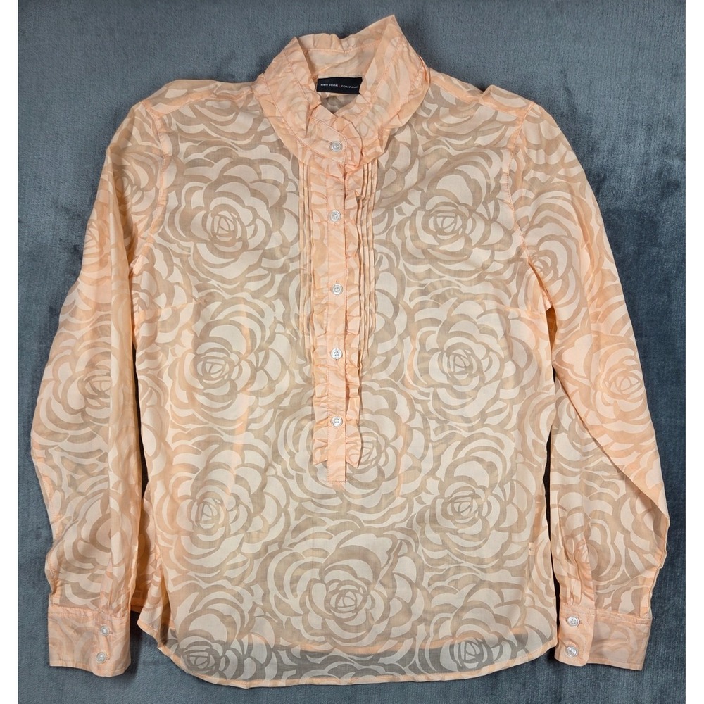 New York & Company Shirt Womens Size M Peach Feminine Floral Sheer Y2K